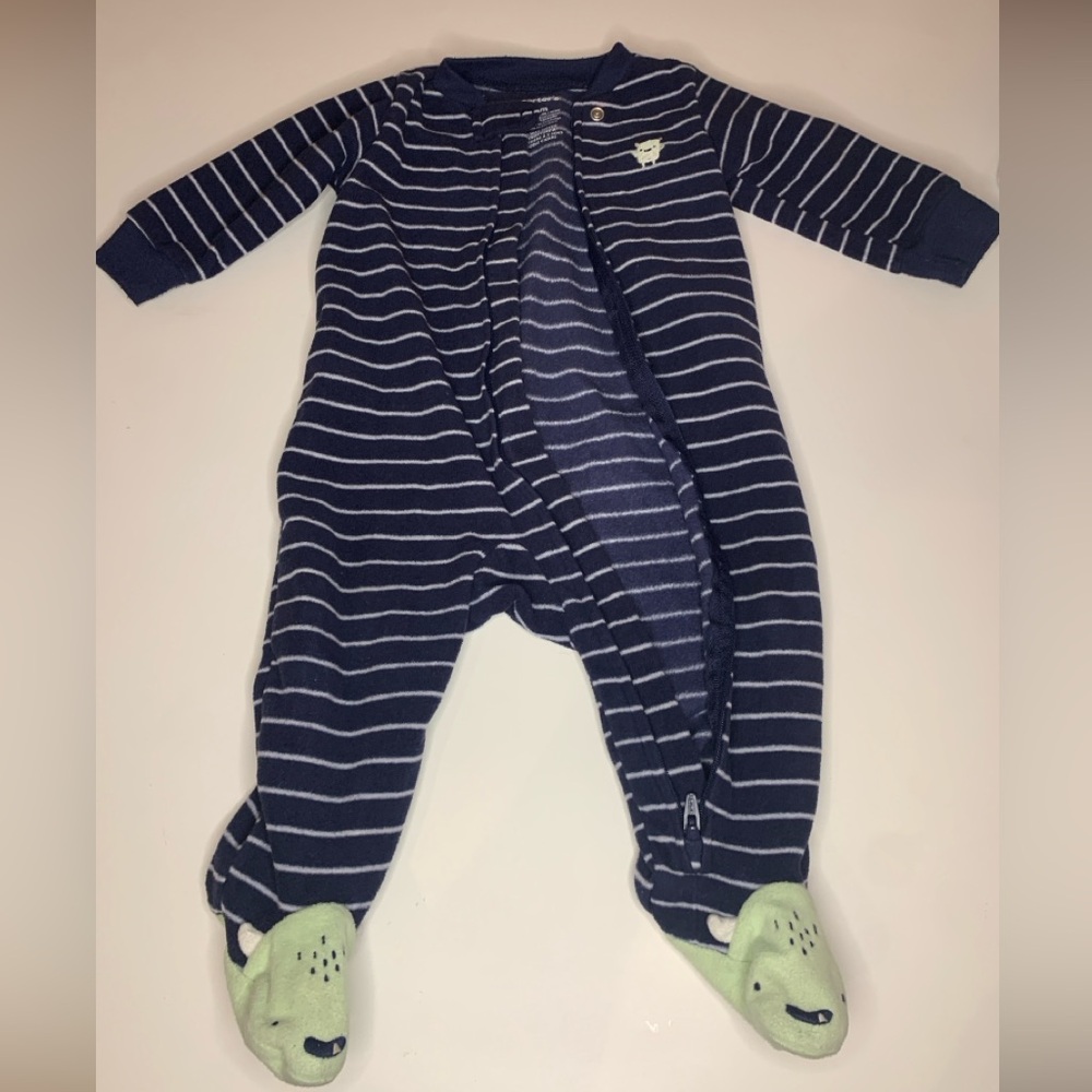 4/$10 Carter's Striped Navy Fleece Footie Green - Double Zipper 6M One Piece